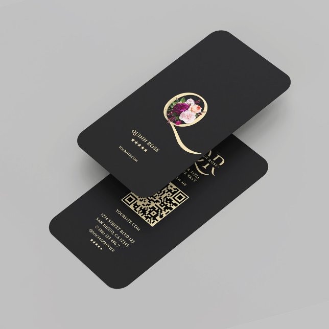 Modern Elegant Monogram Q Floral Black Gold  Business Card (Modern Elegant Monogram Q Floral Black Gold Business Card
)
