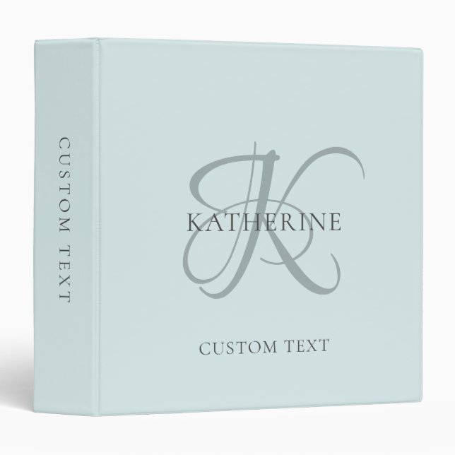 Modern Elegant Monogram Script Aqua Blue 3 Ring Binder (Front/Spine)