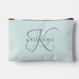 Modern Elegant Monogram Script Aqua Blue Accessory Pouch