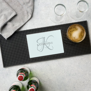 Modern Elegant Monogram Script Aqua Blue Bar Mat