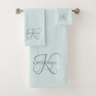 Modern Elegant Monogram Script Aqua Blue Bath Towel Set