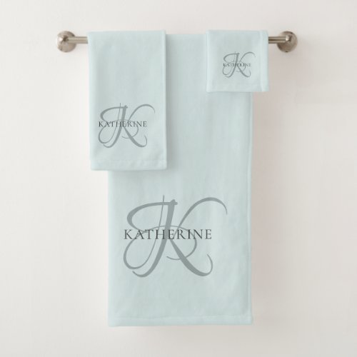 Modern Elegant Monogram Script Aqua Blue Bath Towel Set