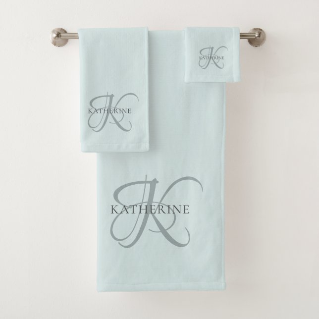 Modern Elegant Monogram Script Aqua Blue Bath Towel Set (Insitu)