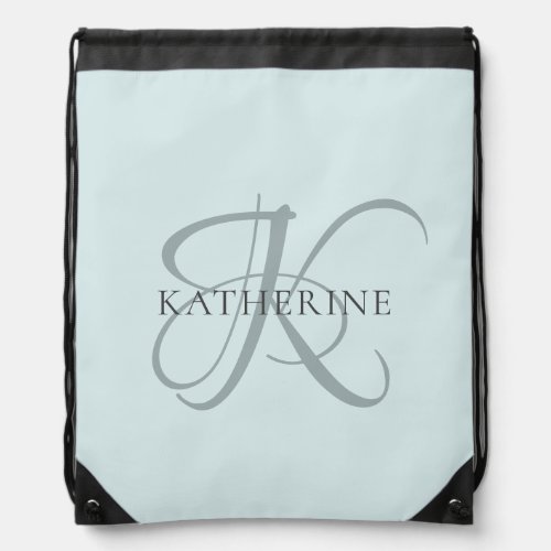 Modern Elegant Monogram Script Aqua Blue Drawstring Bag