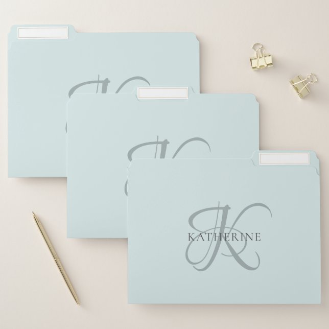 Modern Elegant Monogram Script Aqua Blue File Folder (Set)