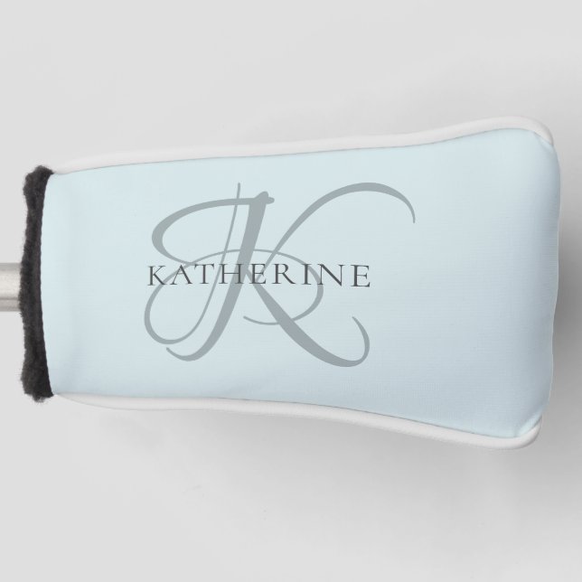 Modern Elegant Monogram Script Aqua Blue Golf Head Cover (Front)