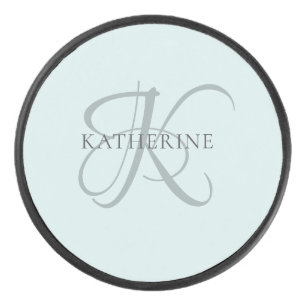 Modern Elegant Monogram Script Aqua Blue Hockey Puck