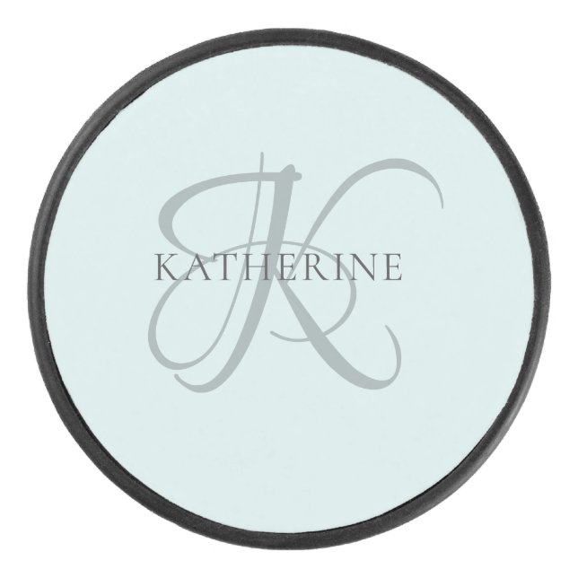 Modern Elegant Monogram Script Aqua Blue Hockey Puck (Front)