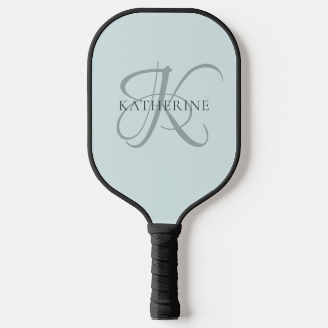 Modern Elegant Monogram Script Aqua Blue Pickleball Paddle (Front)