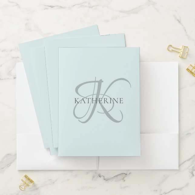 Modern Elegant Monogram Script Aqua Blue Pocket Folder (In Situ)