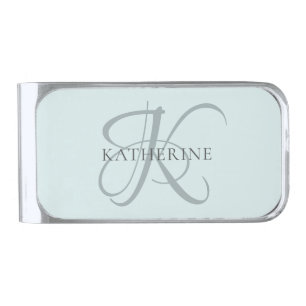 Modern Elegant Monogram Script Aqua Blue Silver Finish Money Clip