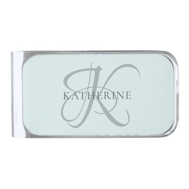 Modern Elegant Monogram Script Aqua Blue Silver Finish Money Clip (Front)