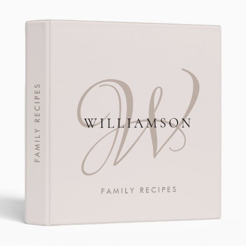 Modern Elegant Monogram Script Blush Name Recipe 3 Ring Binder