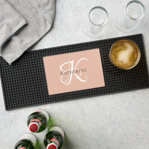 Modern Elegant Monogram Script Blush Pink Bar Mat