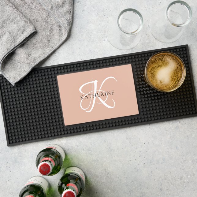 Modern Elegant Monogram Script Blush Pink Bar Mat (Insitu (Bar 1))