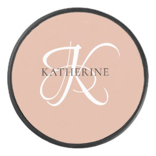 Modern Elegant Monogram Script Blush Pink Hockey Puck