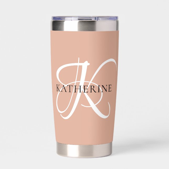 Modern Elegant Monogram Script Blush Pink Insulated Tumbler (Front)