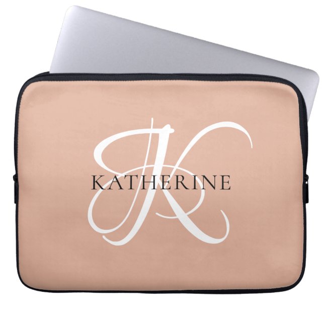 Modern Elegant Monogram Script Blush Pink Laptop Sleeve (Front)