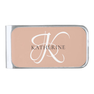 Modern Elegant Monogram Script Blush Pink Silver Finish Money Clip