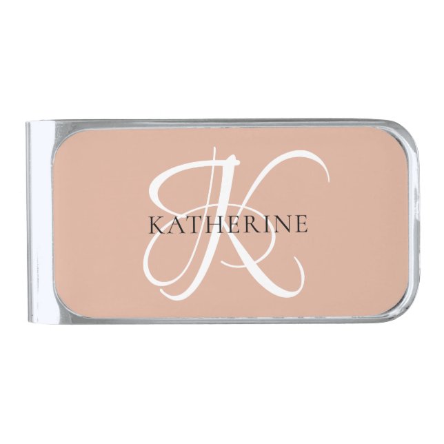 Modern Elegant Monogram Script Blush Pink Silver Finish Money Clip (Front)