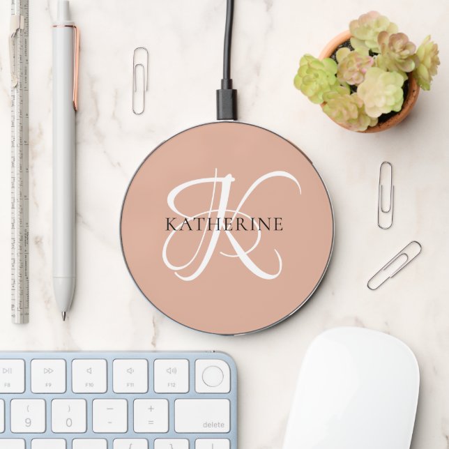 Modern Elegant Monogram Script Blush Pink Wireless Charger (Desk)