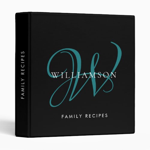 Modern Elegant Monogram Script Name Teal Recipe 3  3 Ring Binder