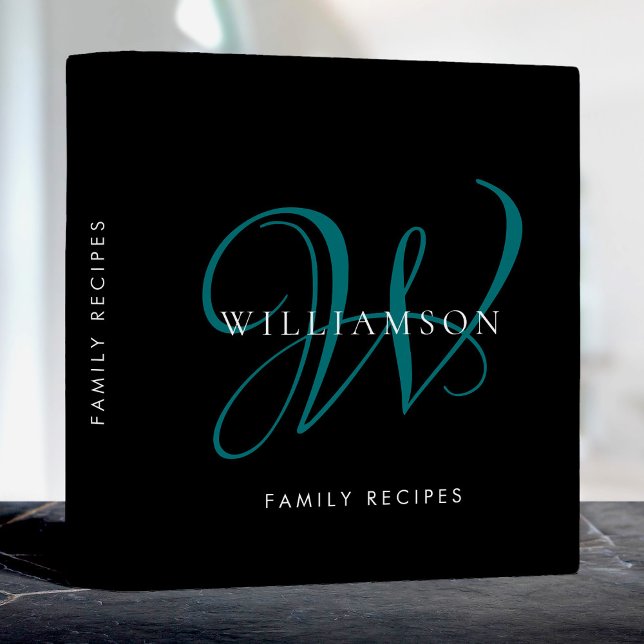 Modern Elegant Monogram Script Name Teal Recipe 3 Ring Binder (Creator Uploaded)