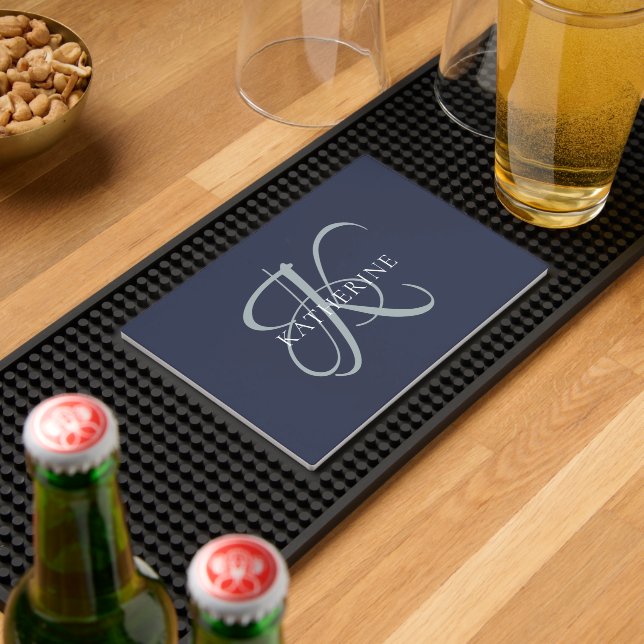 Modern Elegant Monogram Script Navy Blue Bar Mat (Insitu (Bar 2))