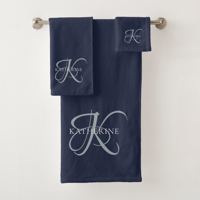 Modern Elegant Monogram Script Navy Blue Bath Towel Set (Insitu)