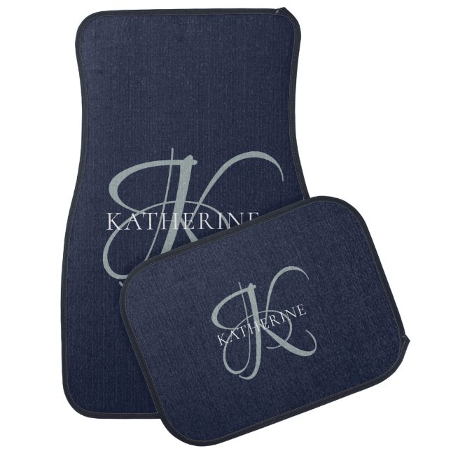 Modern Elegant Monogram Script Navy Blue Car Floor Mat (Set)