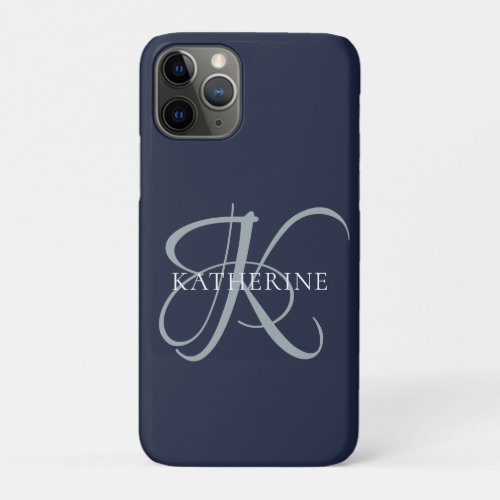 Modern Elegant Monogram Script Navy Blue iPhone 11 Pro Case