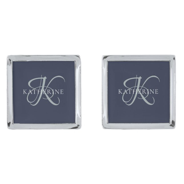 Modern Elegant Monogram Script Navy Blue Cufflinks (Front)