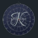 Modern Elegant Monogram Script Navy Blue Dart Board<br><div class="desc">The elegant design features your initial in a gorgeous calligraphy script with flourishes that wrap around your family name.  Makes a great gift for grandma,  a birthday,  for Mother's Day,  or any other family holiday.</div>