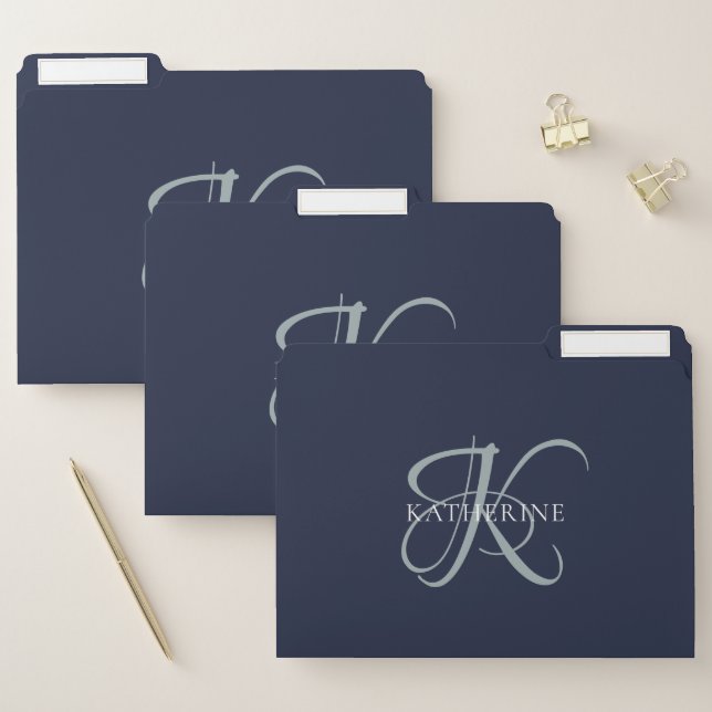 Modern Elegant Monogram Script Navy Blue File Folder (Set)