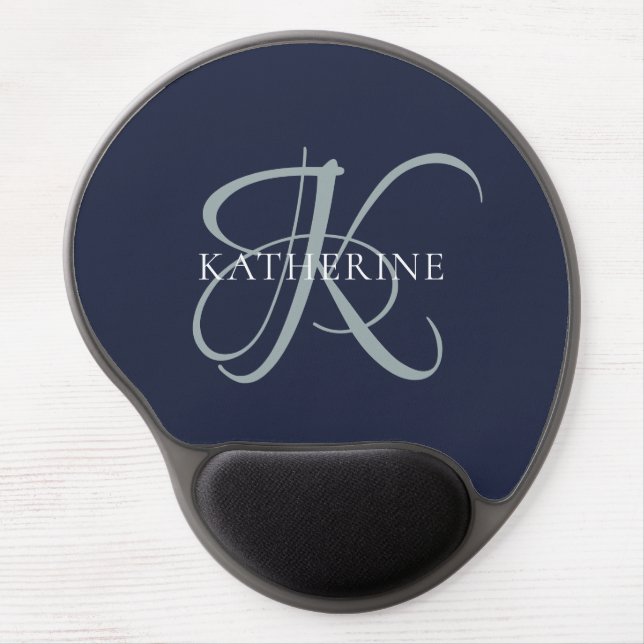 Modern Elegant Monogram Script Navy Blue Gel Mouse Pad (Front)