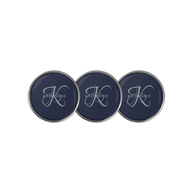 Modern Elegant Monogram Script Navy Blue Golf Ball Marker (3 Up)