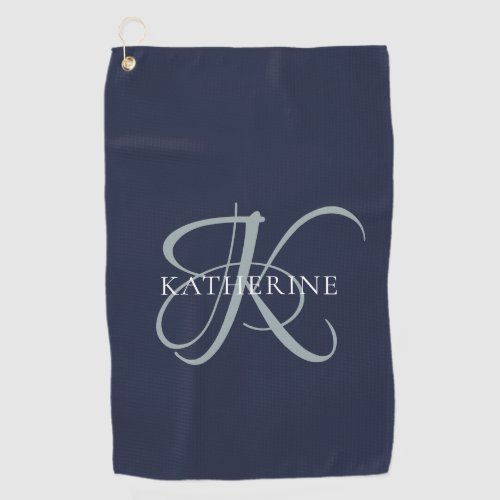 Modern Elegant Monogram Script Navy Blue Golf Towel