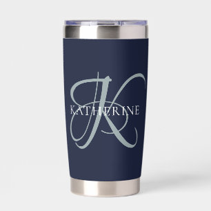 Modern Elegant Monogram Script Navy Blue Insulated Tumbler