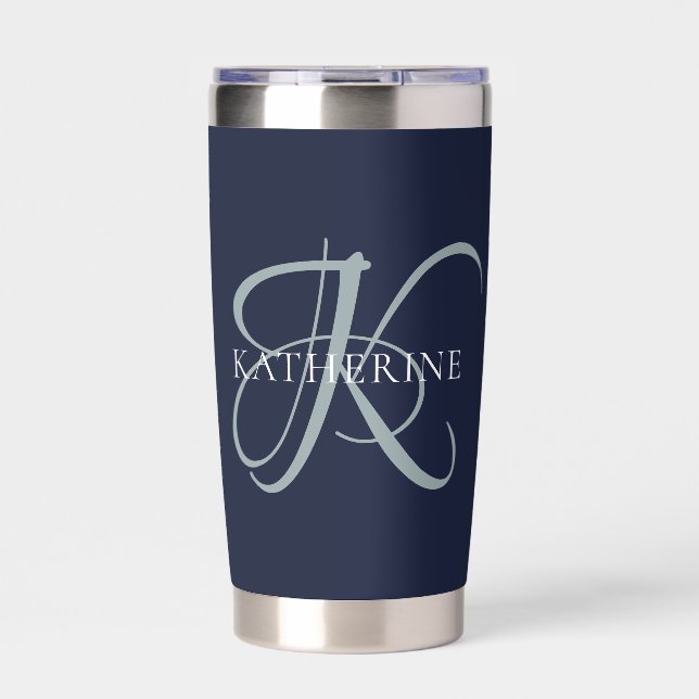 Modern Elegant Monogram Script Navy Blue Insulated Tumbler (Front)