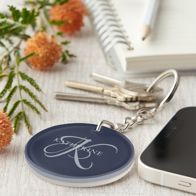 Modern Elegant Monogram Script Navy Blue Keychain (Front Right)