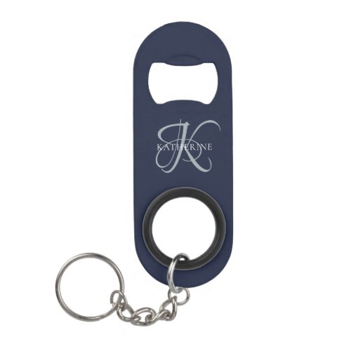 Modern Elegant Monogram Script Navy Blue Keychain Bottle Opener