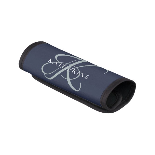 Modern Elegant Monogram Script Navy Blue Luggage Handle Wrap (Angled)