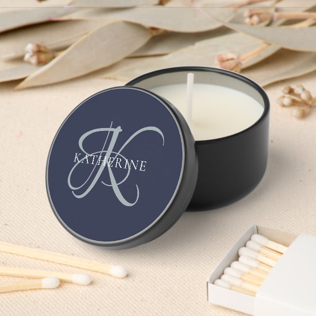 Modern Elegant Monogram Script Navy Blue Mini Candle Favors (Insitu)