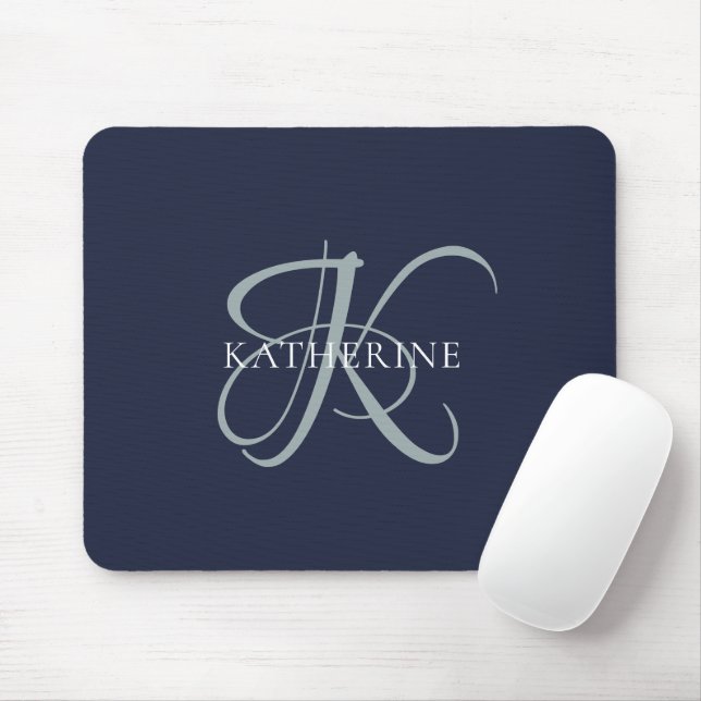 Modern Elegant Monogram Script Navy Blue Mouse Pad (With Mouse)
