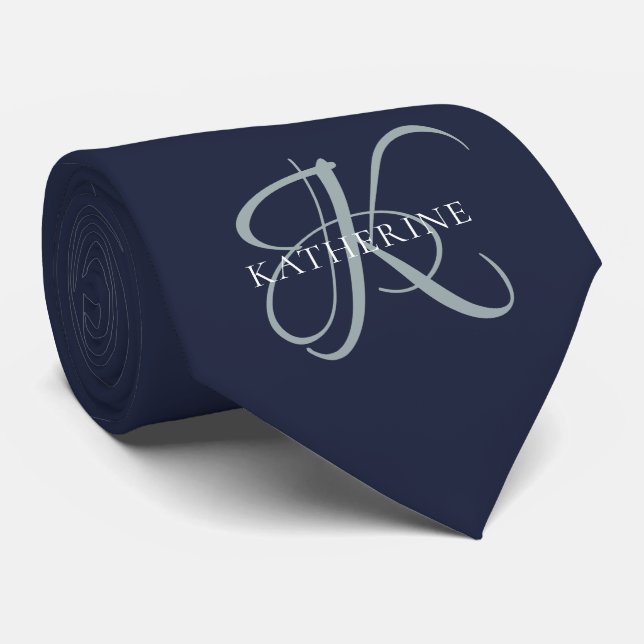 Modern Elegant Monogram Script Navy Blue Neck Tie (Rolled)