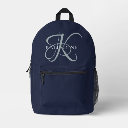 Modern Elegant Monogram Script Navy Blue Printed Backpack