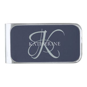Modern Elegant Monogram Script Navy Blue Silver Finish Money Clip