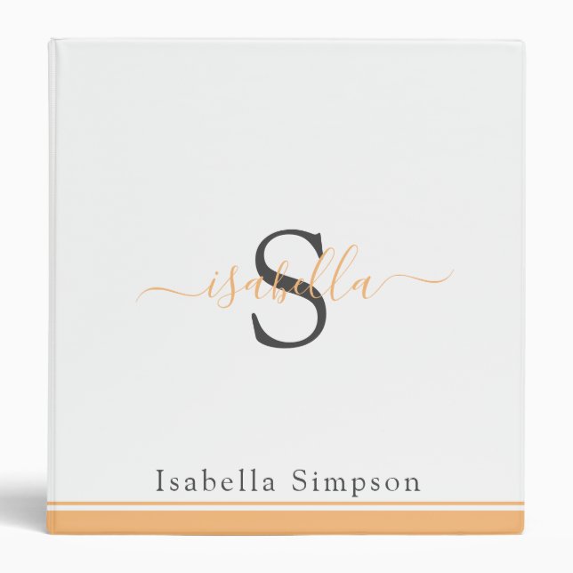 Modern Elegant Monogram Script Peach 3 Ring Binder (Front)