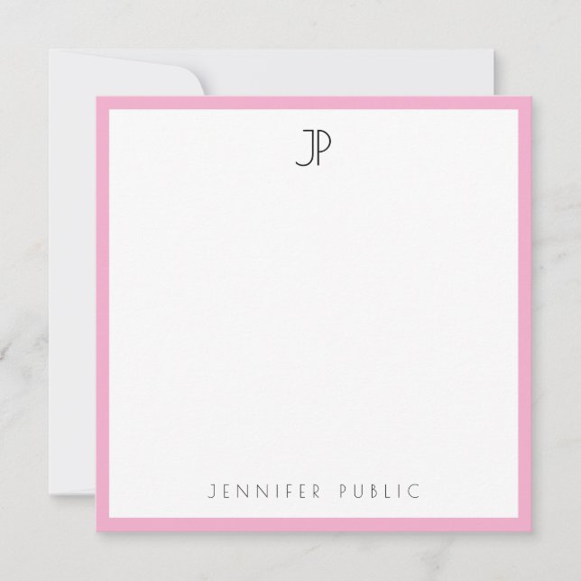 Modern Elegant Monogram Trendy Sleek Pink & White Note Card (Front)