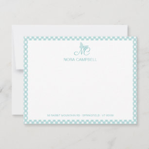 Modern Elegant Monogram Turquoise Gingham Checks Note Card